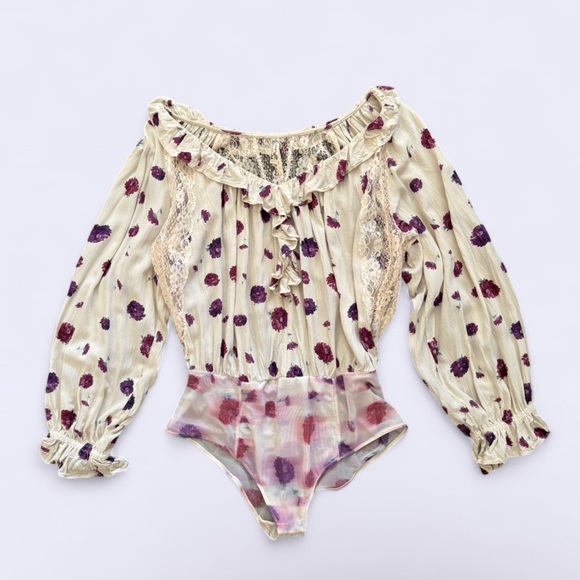 Free People Intimately Cream Purple Floral Bodysuit Blouse L - Picture 3 of 7